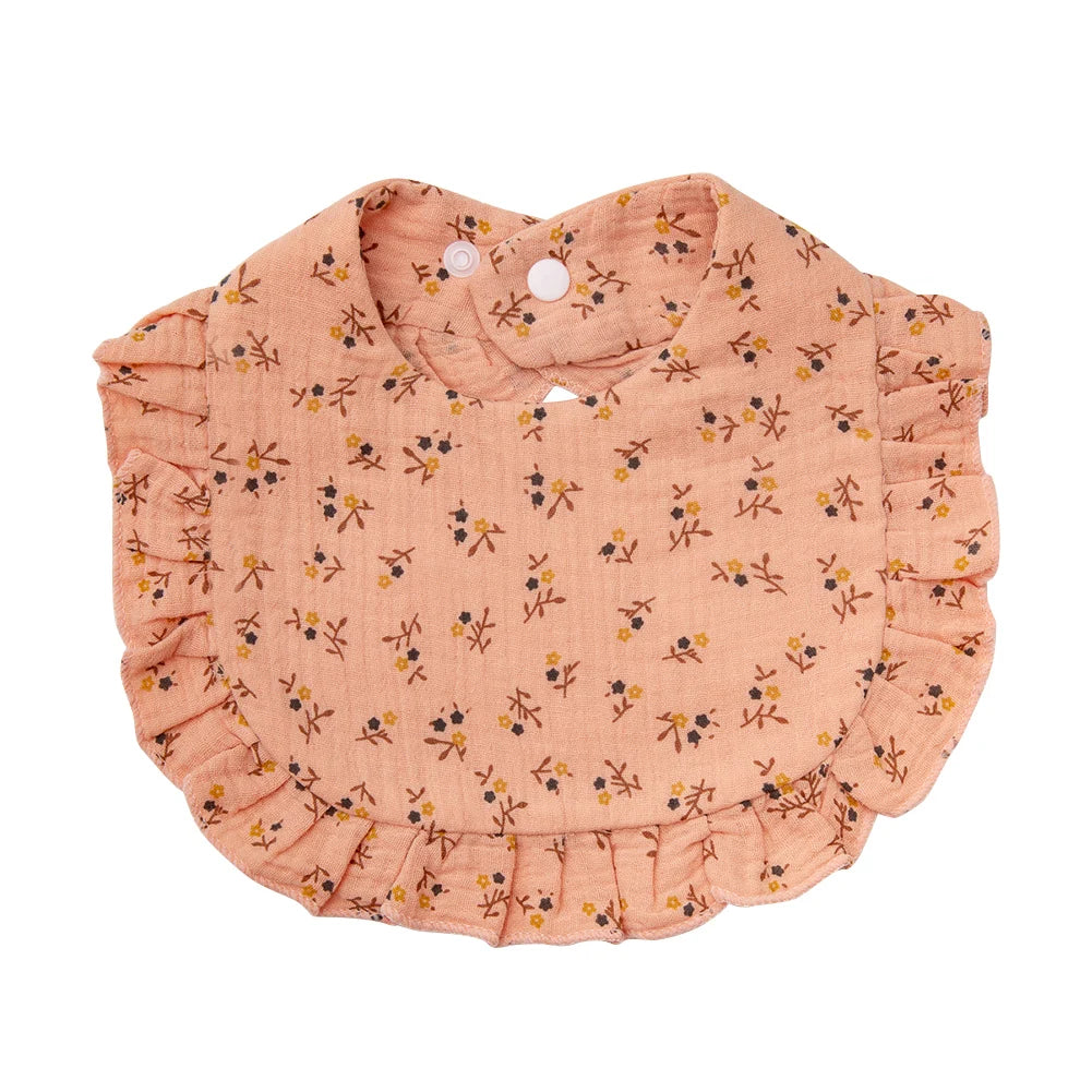 Floral Muslin Baby Bib – Adjustable Snap Drool Bib with Ruffled Edge