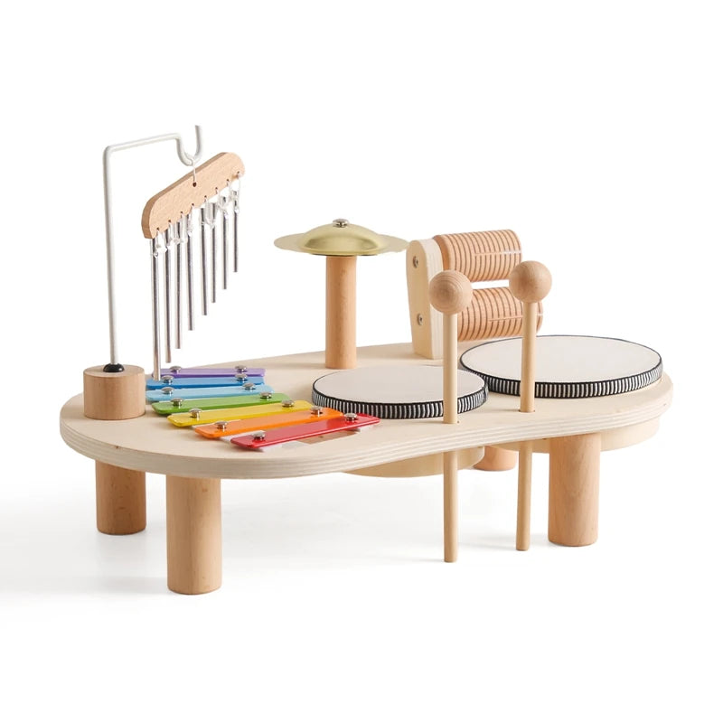 Montessori Wooden Music Table Toy with Xylophone & Drum Set