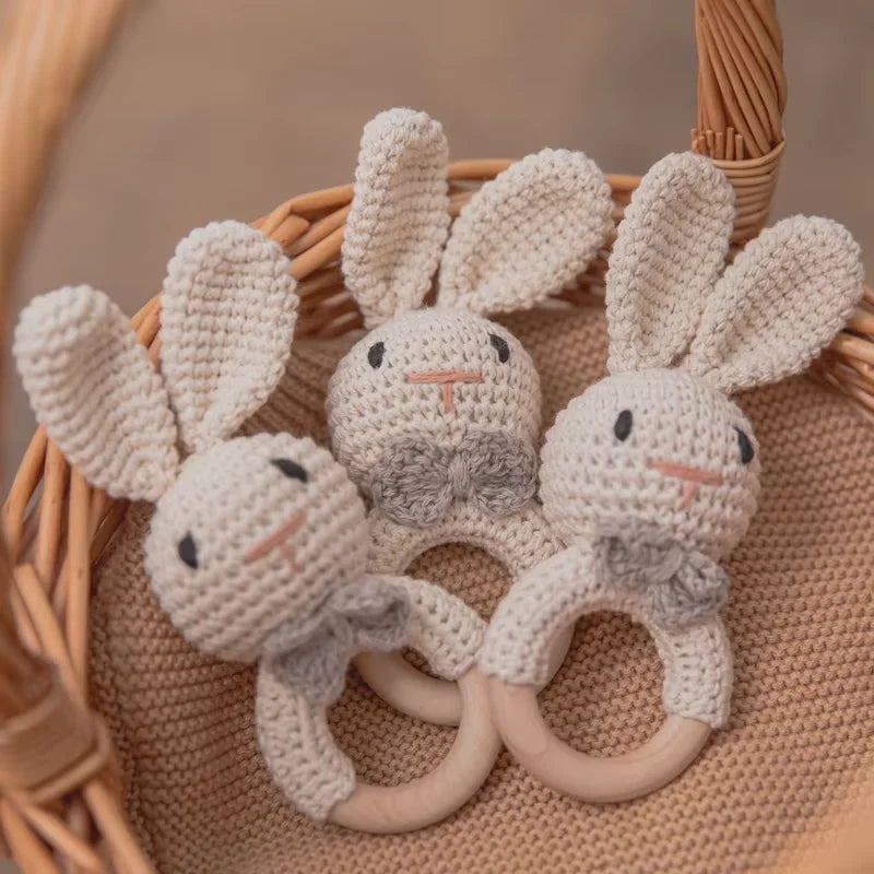 Crochet Rabbit Rattle with Wooden Teether – Sensory & Music Toy