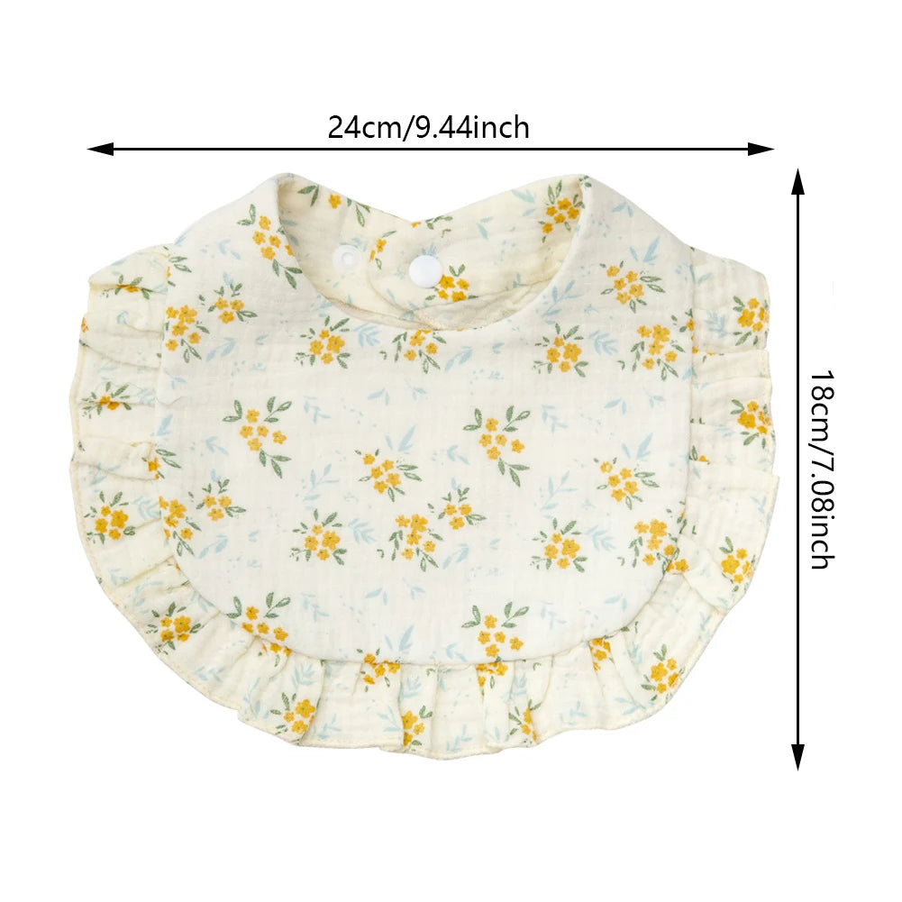 Floral Muslin Baby Bib – Adjustable Snap Drool Bib with Ruffled Edge