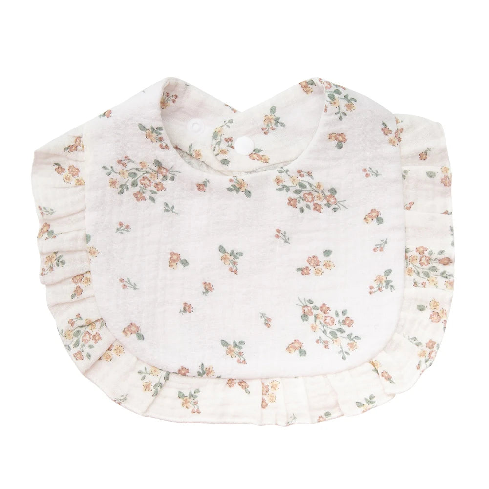 Floral Muslin Baby Bib – Adjustable Snap Drool Bib with Ruffled Edge