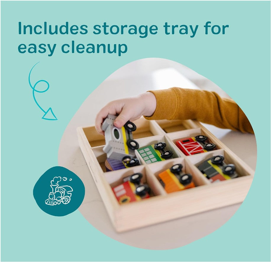 Melissa & Doug Wooden Magnetic Train Set – 8-Piece Train Cars with Storage Tray