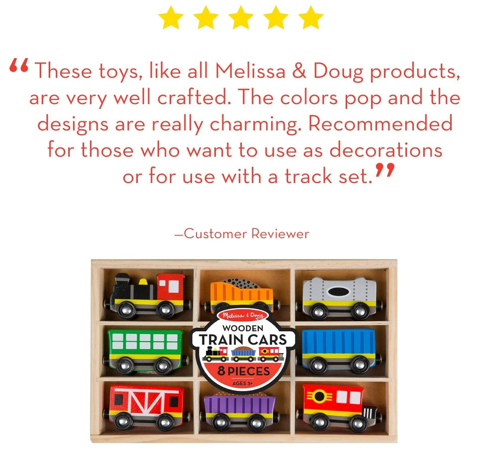 Melissa & Doug Wooden Magnetic Train Set – 8-Piece Train Cars with Storage Tray