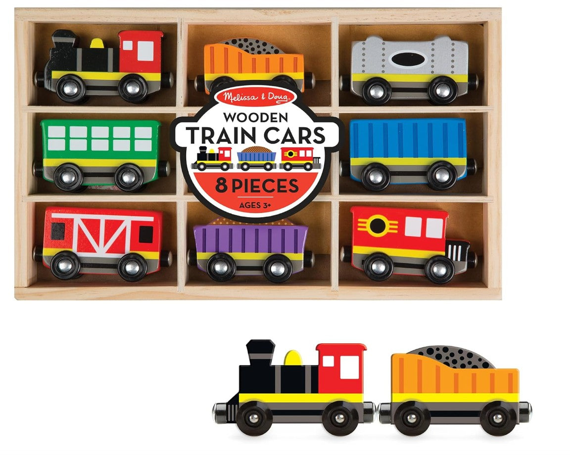 Melissa & Doug Wooden Magnetic Train Set – 8-Piece Train Cars with Storage Tray