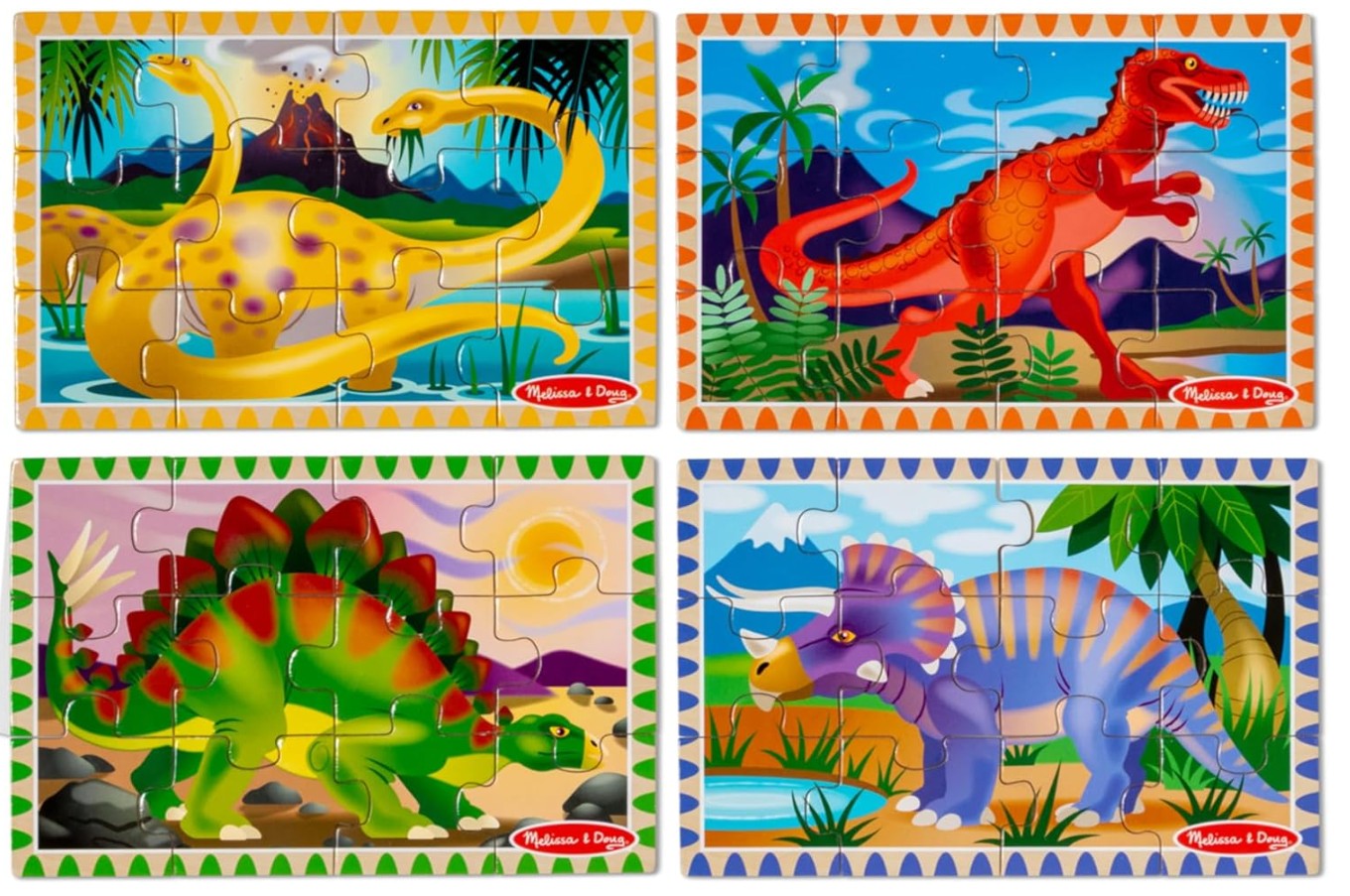 Melissa & Doug Dinosaurs 4-in-1 Wooden Jigsaw Puzzle Set – 48 Pieces with Storage Box