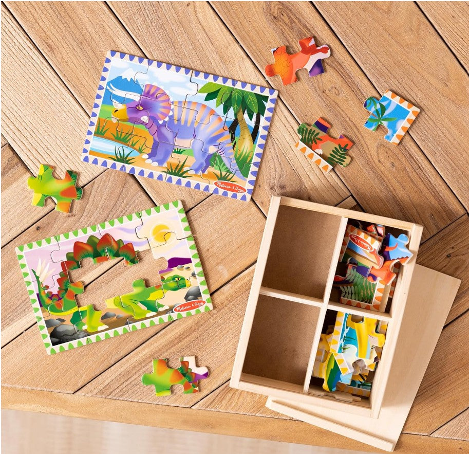 Melissa & Doug Dinosaurs 4-in-1 Wooden Jigsaw Puzzle Set – 48 Pieces with Storage Box