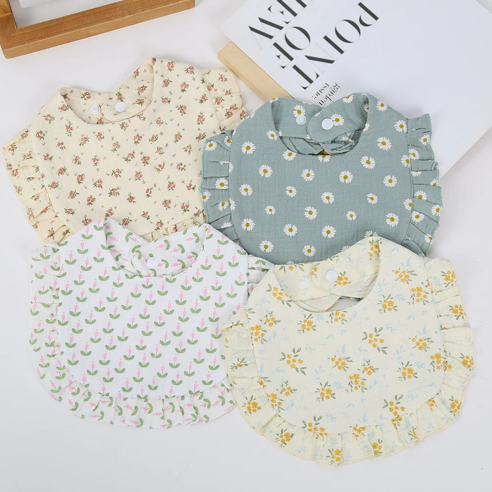Floral Muslin Baby Bib – Adjustable Snap Drool Bib with Ruffled Edge
