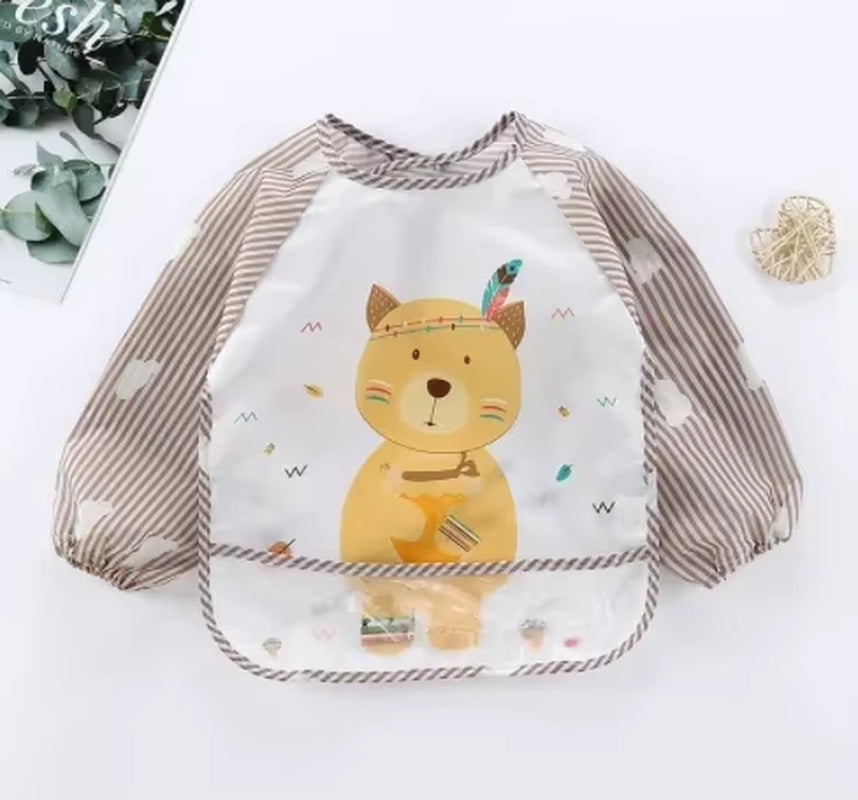 For1-3Year Baby Long Sleeve Scarf Waterproof Toddler Art Smock Feeding Bib Apron Pocket Infant Boys Girls Burp Cloth Banana Bibs