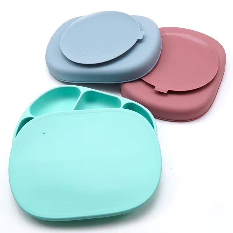 Silicone Baby Suction Plate – 4-Compartment Divided Plate with Lid