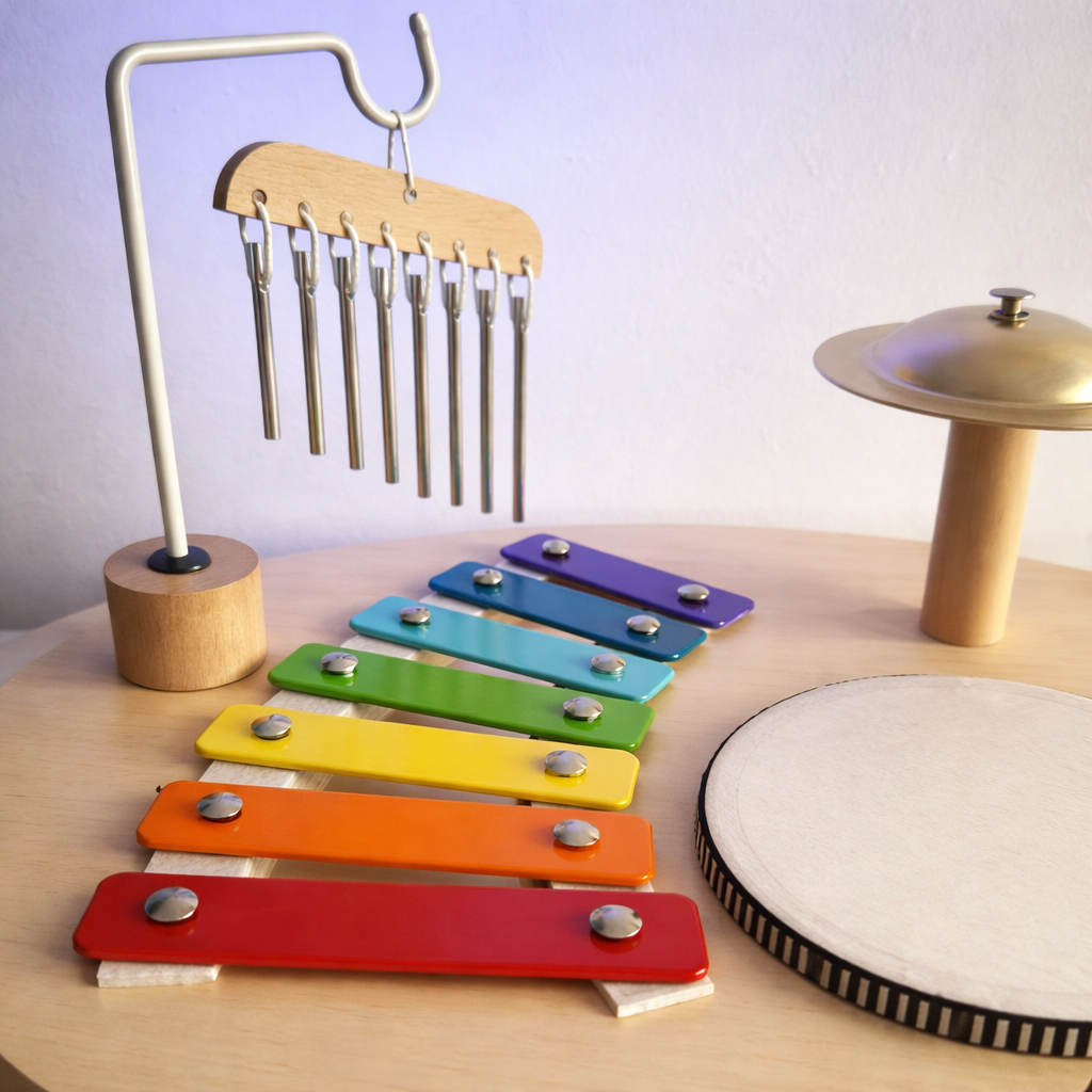 Montessori Wooden Music Table Toy with Xylophone & Drum Set