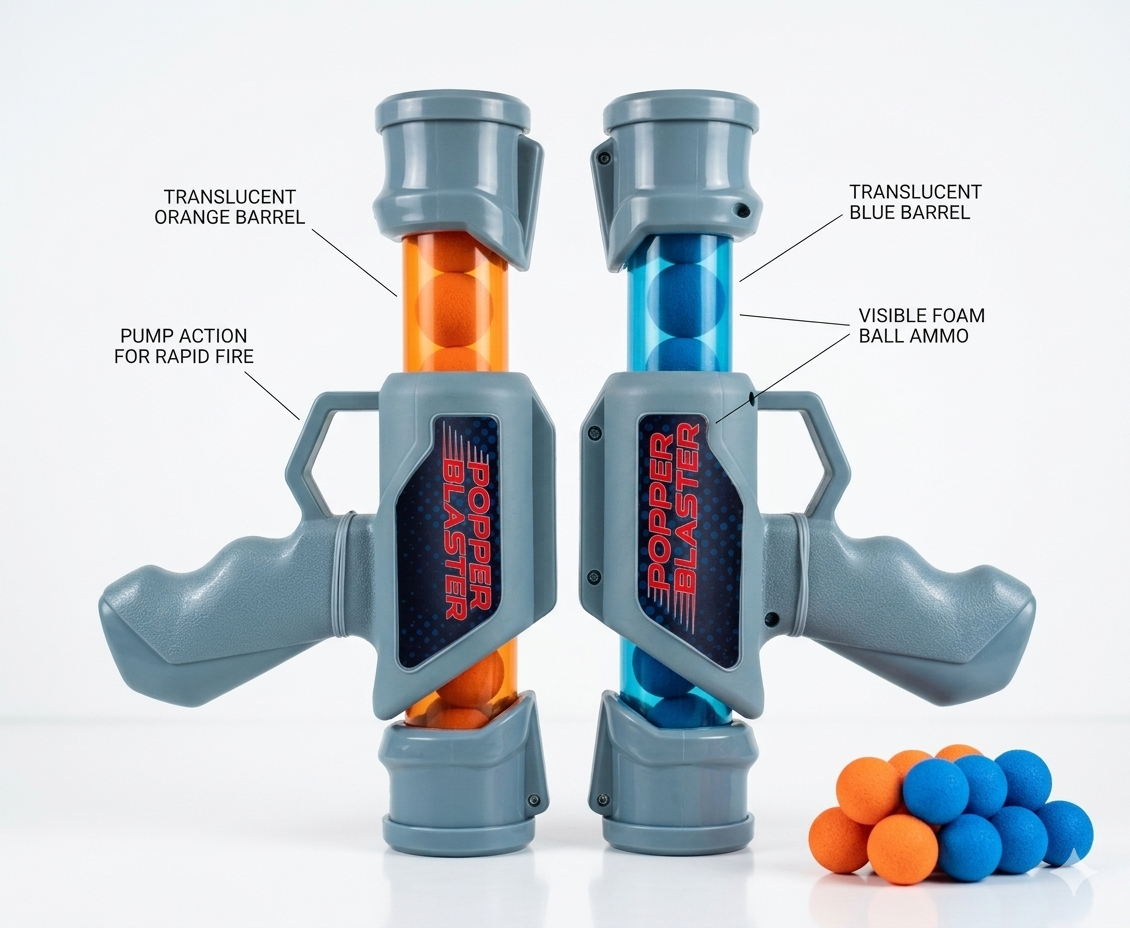 Popper Blaster 2-Pack with 20 Foam Balls – Action Shooting Game Toy Set for Kids