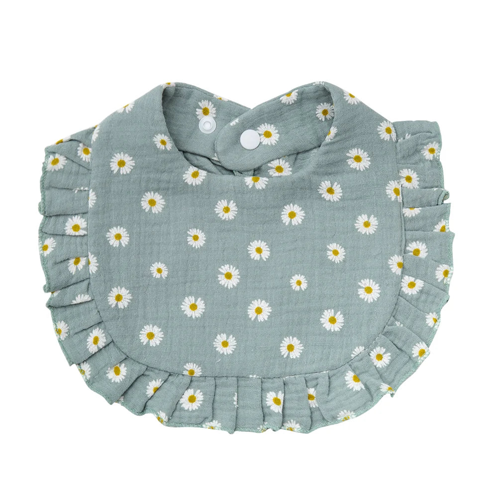 Floral Muslin Baby Bib – Adjustable Snap Drool Bib with Ruffled Edge