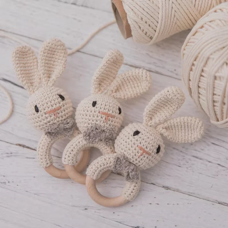 Crochet Rabbit Rattle with Wooden Teether – Sensory & Music Toy