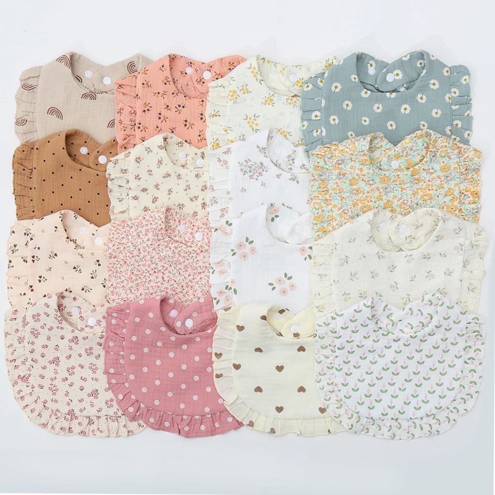 Floral Muslin Baby Bib – Adjustable Snap Drool Bib with Ruffled Edge