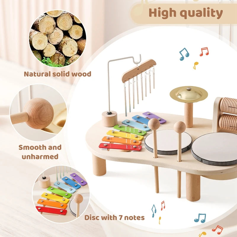 Montessori Wooden Music Table Toy with Xylophone & Drum Set