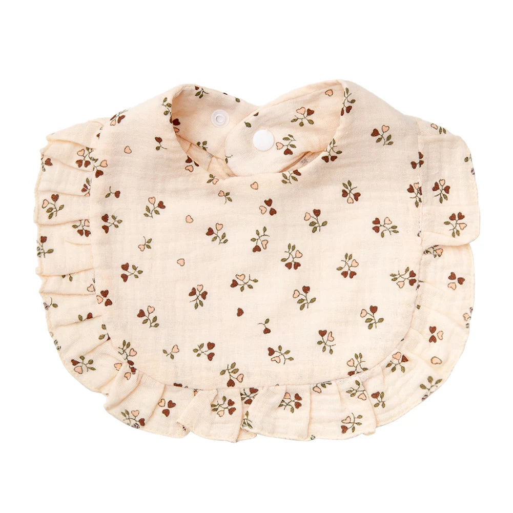 Floral Muslin Baby Bib – Adjustable Snap Drool Bib with Ruffled Edge