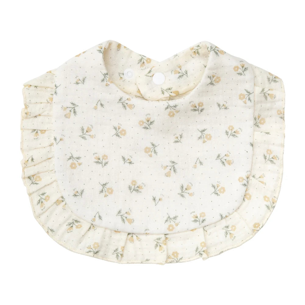 Floral Muslin Baby Bib – Adjustable Snap Drool Bib with Ruffled Edge