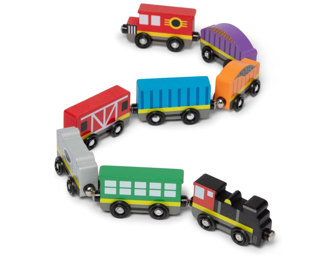 Melissa & Doug Wooden Magnetic Train Set – 8-Piece Train Cars with Storage Tray