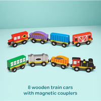 Melissa & Doug Wooden Magnetic Train Set – 8-Piece Train Cars with Storage Tray
