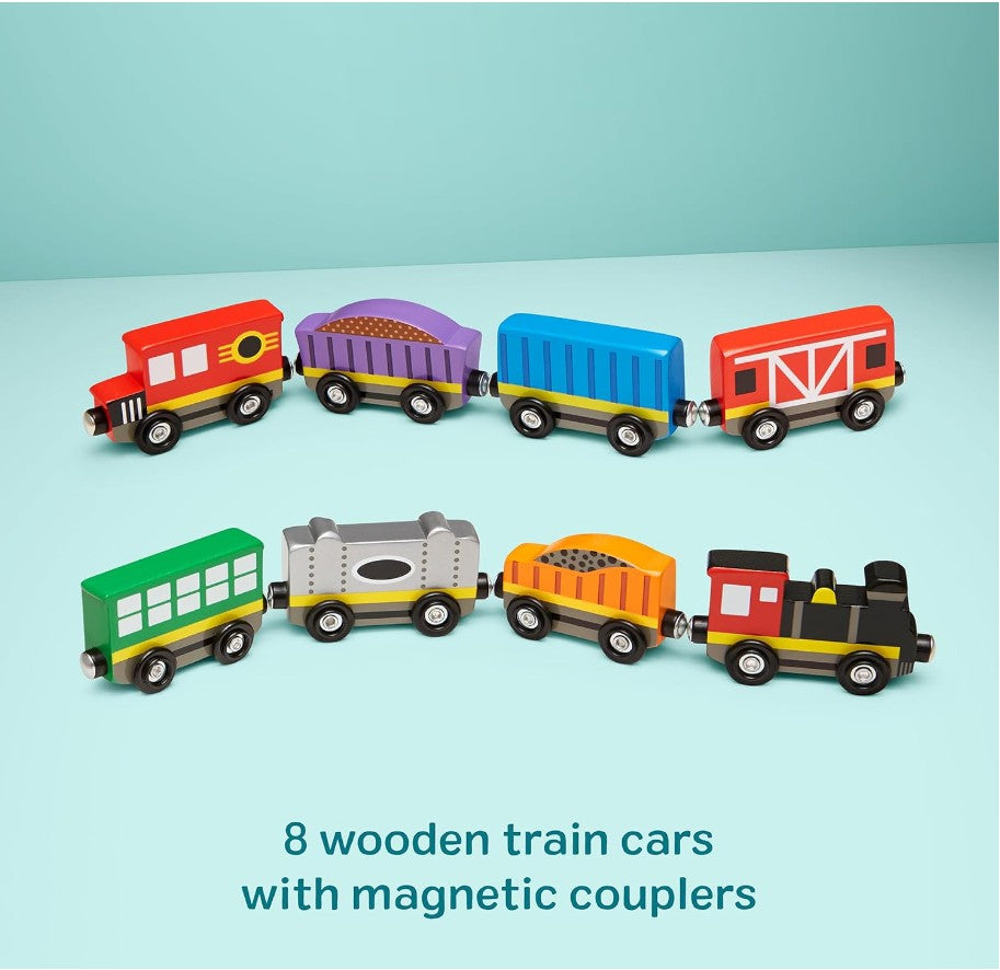 Melissa & Doug Wooden Magnetic Train Set – 8-Piece Train Cars with Storage Tray