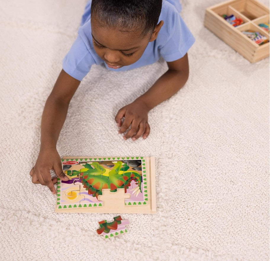 Melissa & Doug Dinosaurs 4-in-1 Wooden Jigsaw Puzzle Set – 48 Pieces with Storage Box