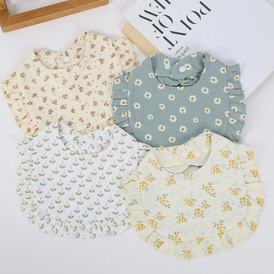 Floral Muslin Baby Bib – Adjustable Snap Drool Bib with Ruffled Edge