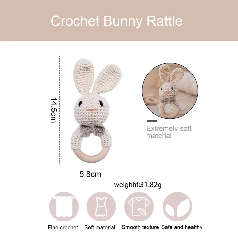 Crochet Rabbit Rattle with Wooden Teether – Sensory & Music Toy