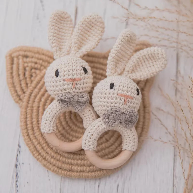 Crochet Rabbit Rattle with Wooden Teether – Sensory & Music Toy