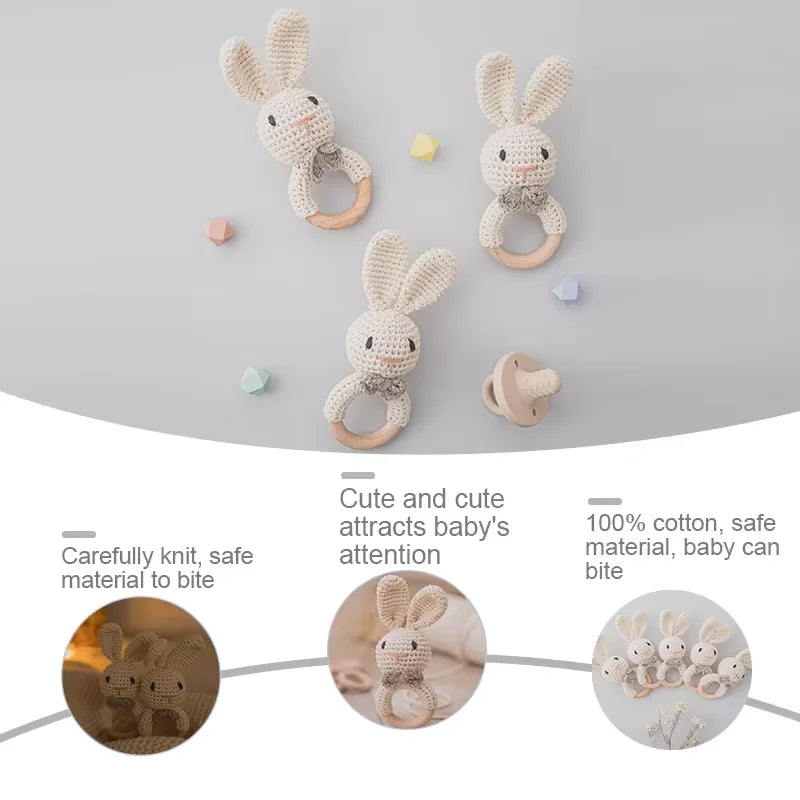 Crochet Rabbit Rattle with Wooden Teether – Sensory & Music Toy