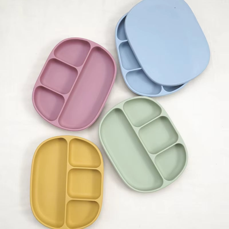Silicone Baby Suction Plate – 4-Compartment Divided Plate with Lid